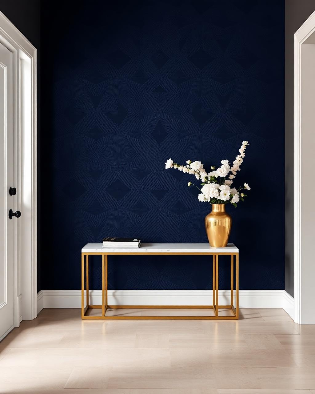 Dark blue geometric accent wall wallpaper installed in a Johns Creek entryway