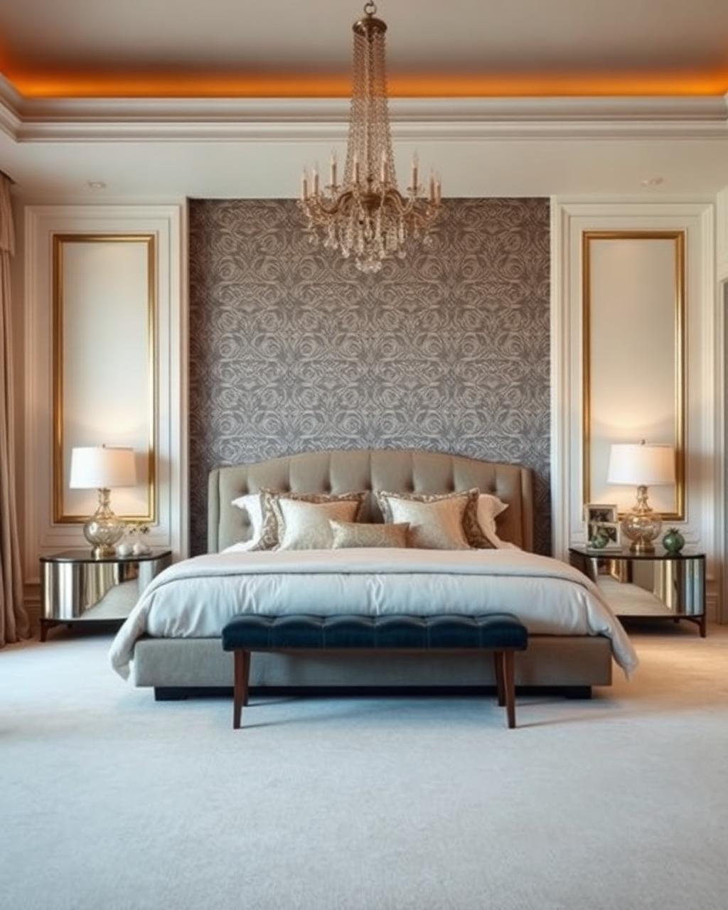 Luxury wallpaper installation on a master bedroom feature wall in Cumming, GA